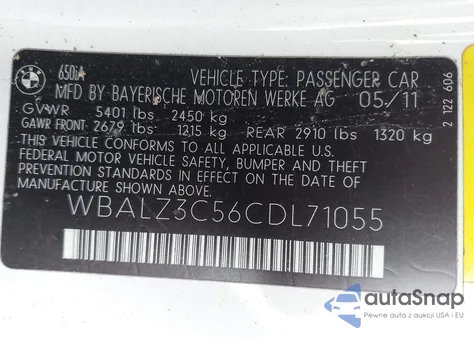 2012 BMW 650 I z USA, uszkodzony, nr VIN WBALZ3C56CDL71055